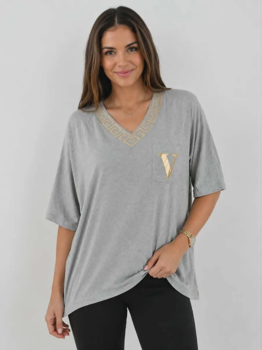 Women's Oversized V-Neck Top with Gold Greek Trim - Image 2