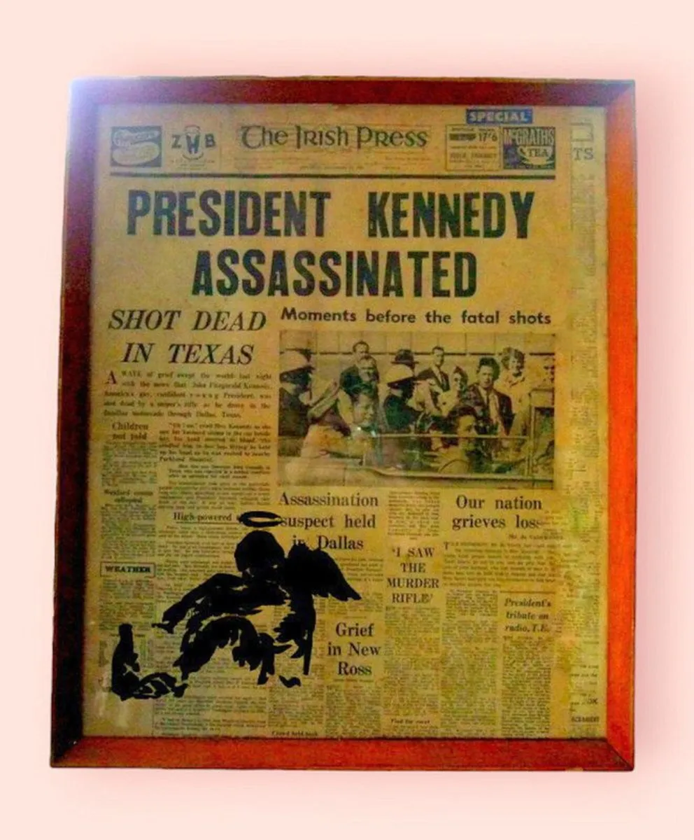 Framed Vintage JFK Assassination Newspaper Art - Image 2