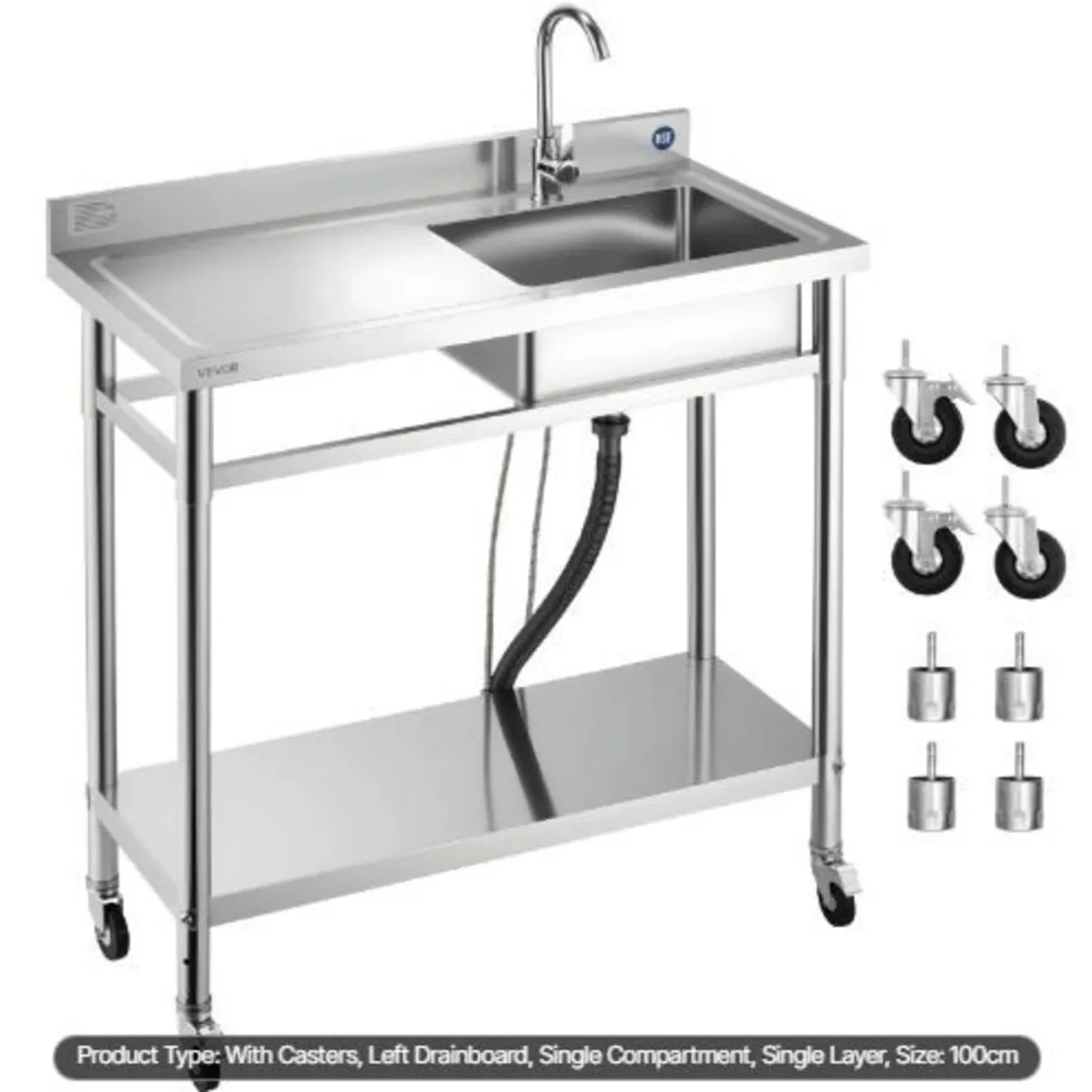 Stainless Steel Utility Sink, Rolling Single Bowl - Image 3