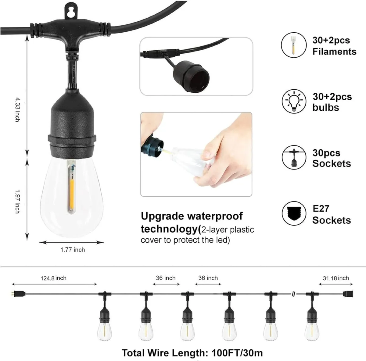S14 Outdoor String Lights Mains Powered 100FT - Image 4