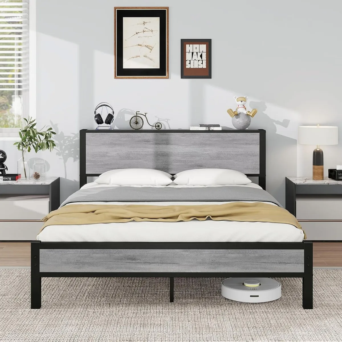 Bed Frame with Storage Wooden Headboard Metal - Image 1