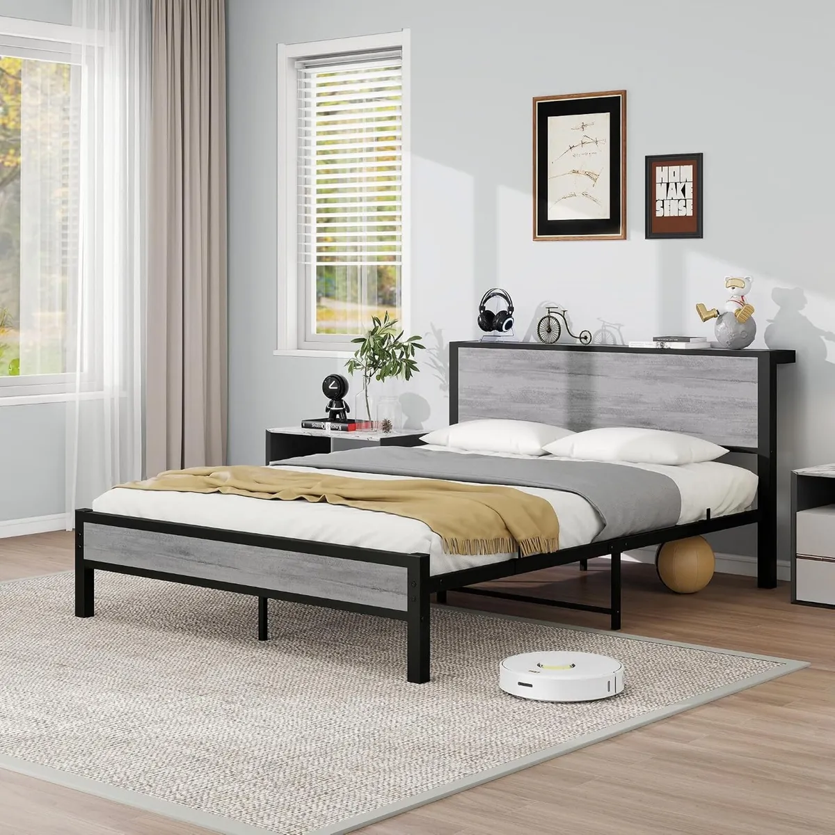 Bed Frame with Storage Wooden Headboard Metal - Image 3