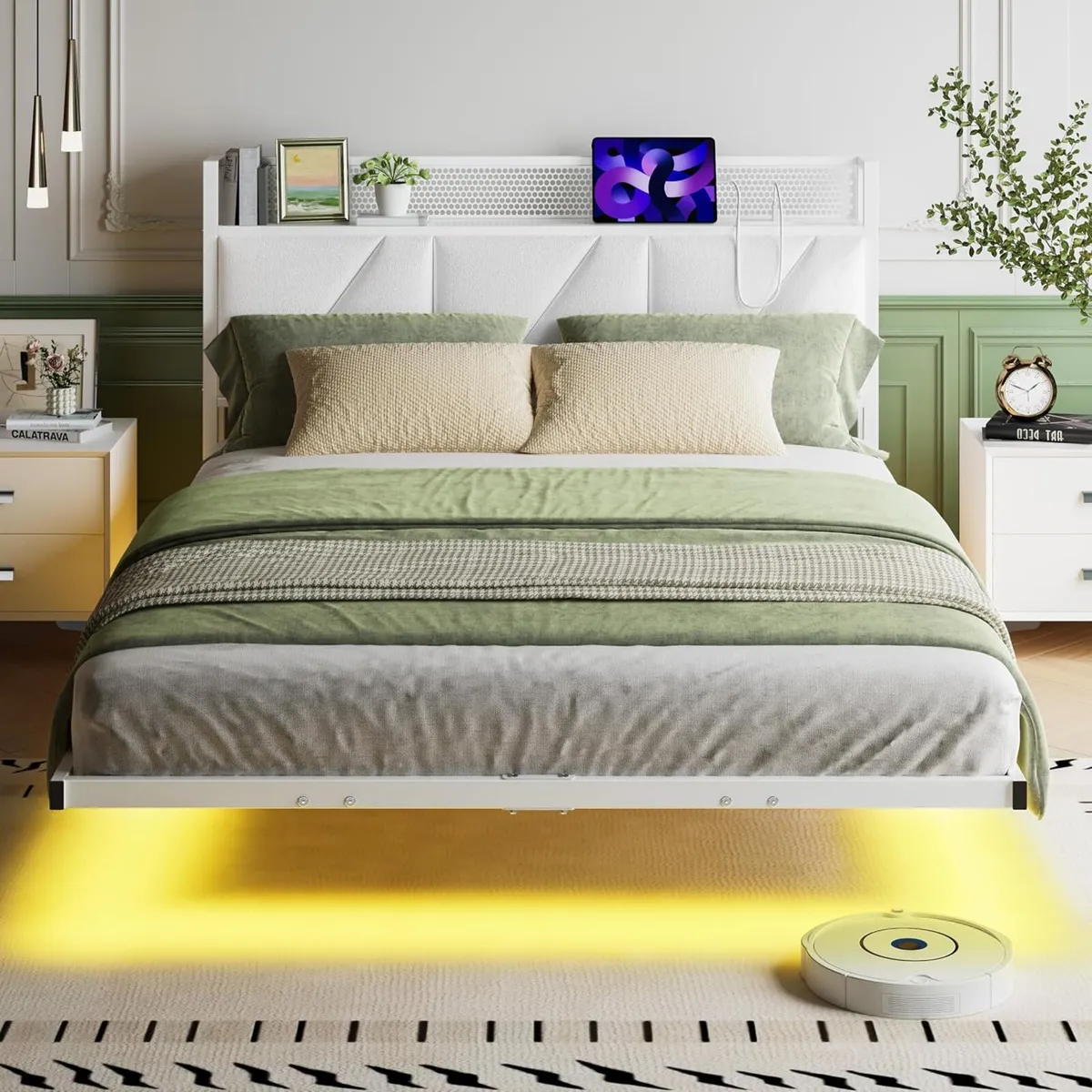 Floating Bed Frame with Upholstered Headboard - Image 1