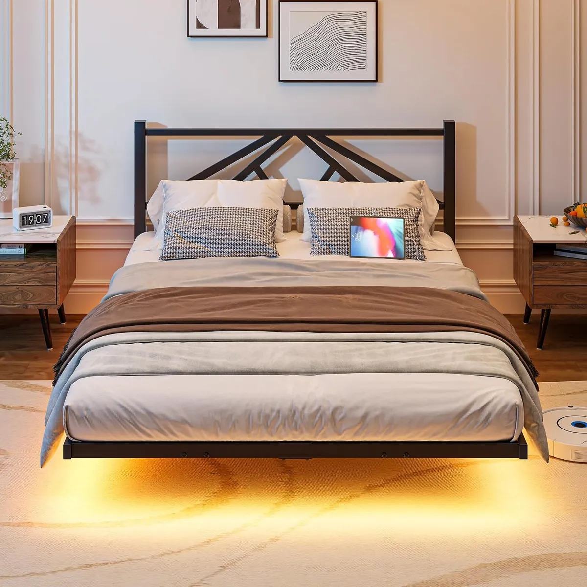 Floating Bed Frame with LED Lights Charging - Image 1