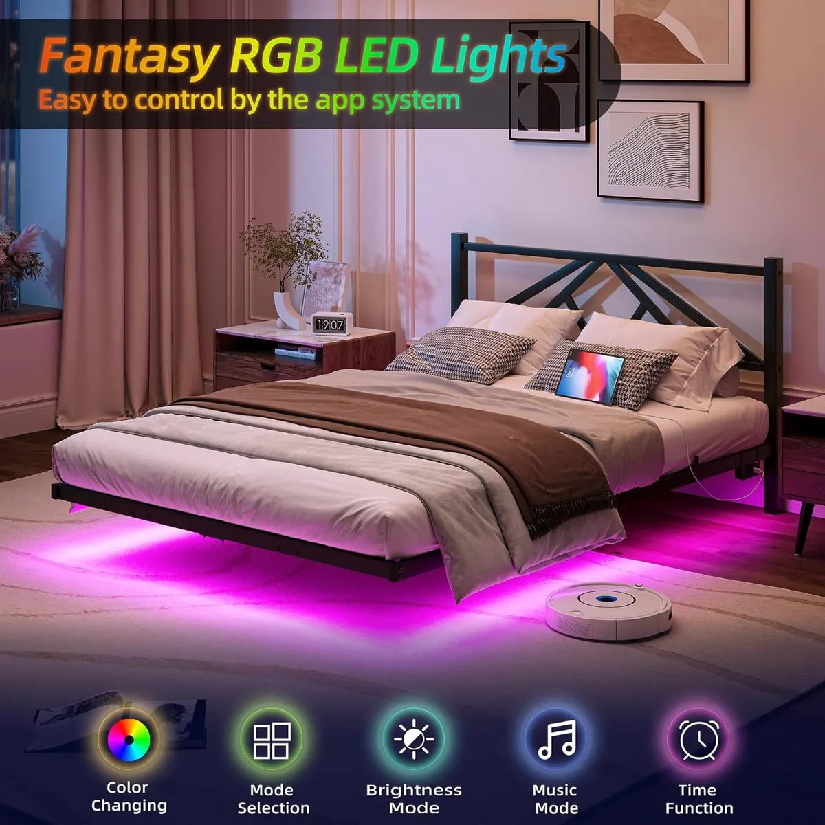 Floating Bed Frame with LED Lights Charging - Image 3