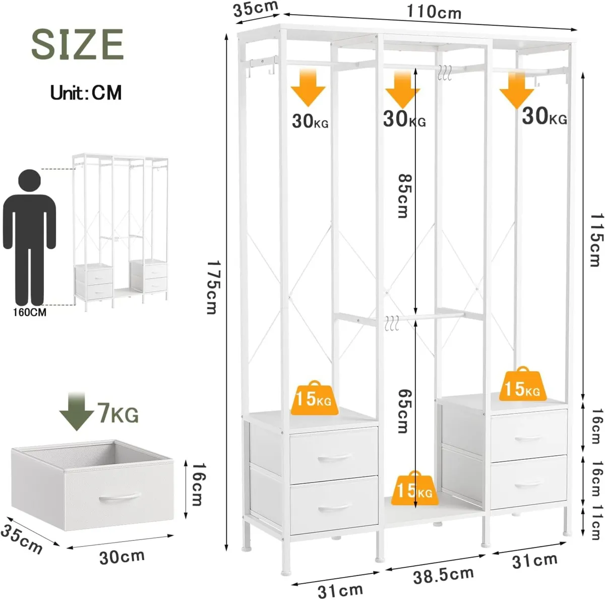 Heavy Duty Clothing Rail Wardrobe with 4 Drawers - Image 3