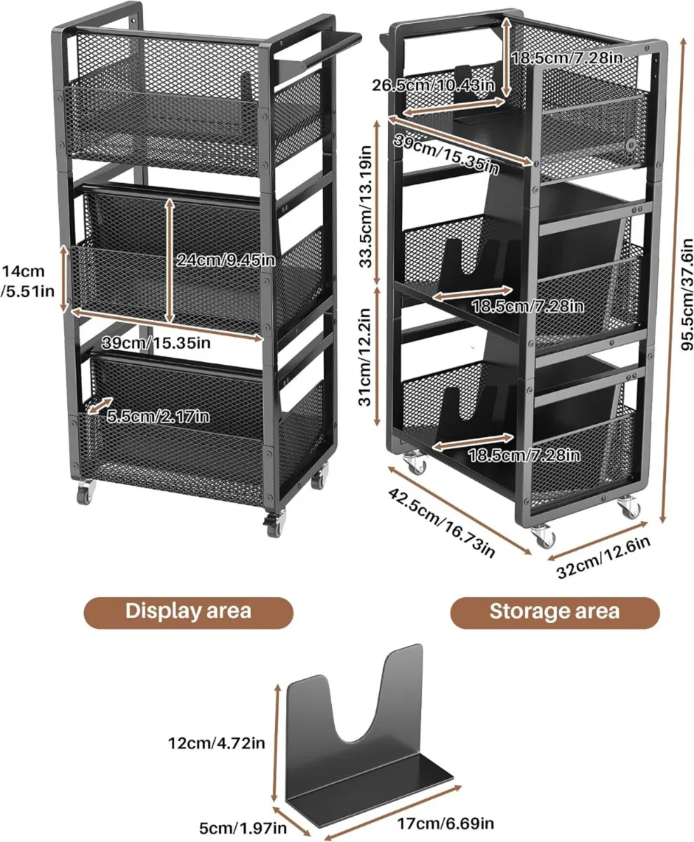 Mobile Bookshelf with Wheels Metal 3-Tier Book - Image 2