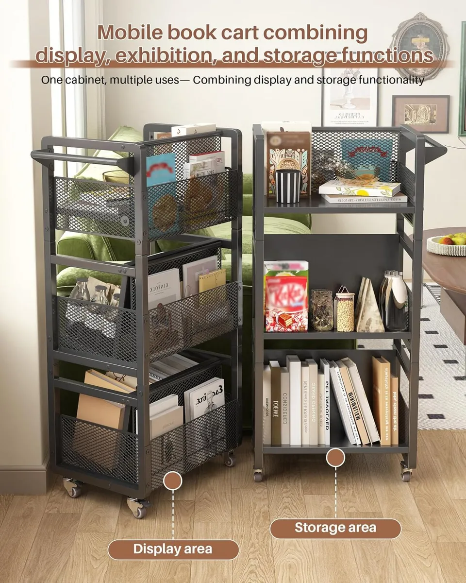 Mobile Bookshelf with Wheels Metal 3-Tier Book - Image 3