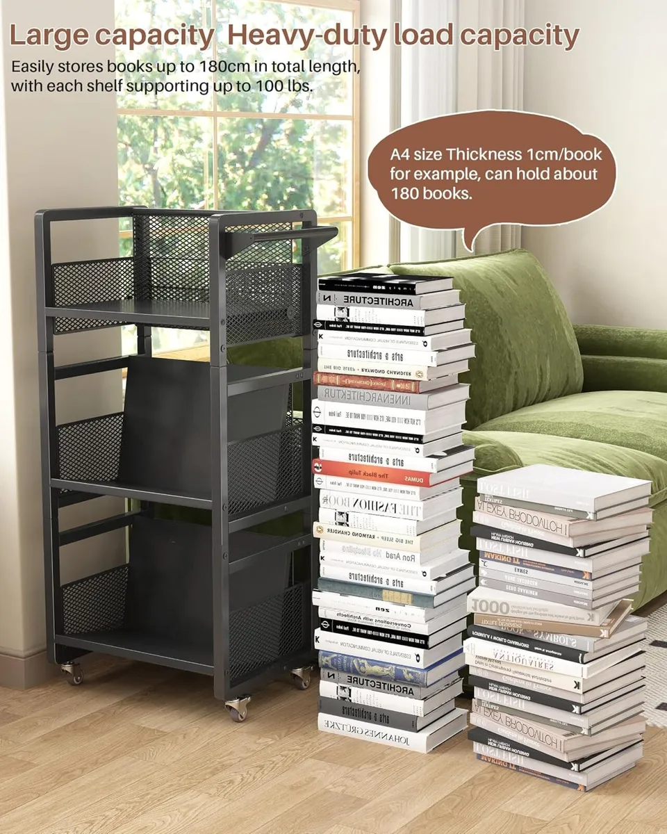 Mobile Bookshelf with Wheels Metal 3-Tier Book - Image 4