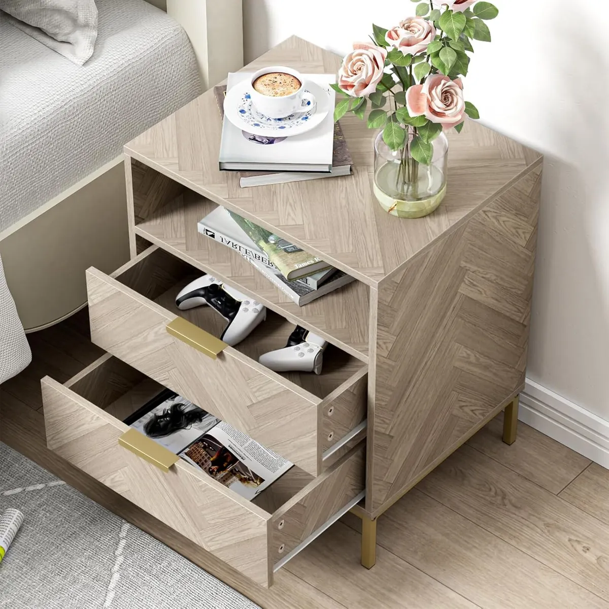 Modern Bedside Tabls with Drawers Wood Bed Side - Image 4