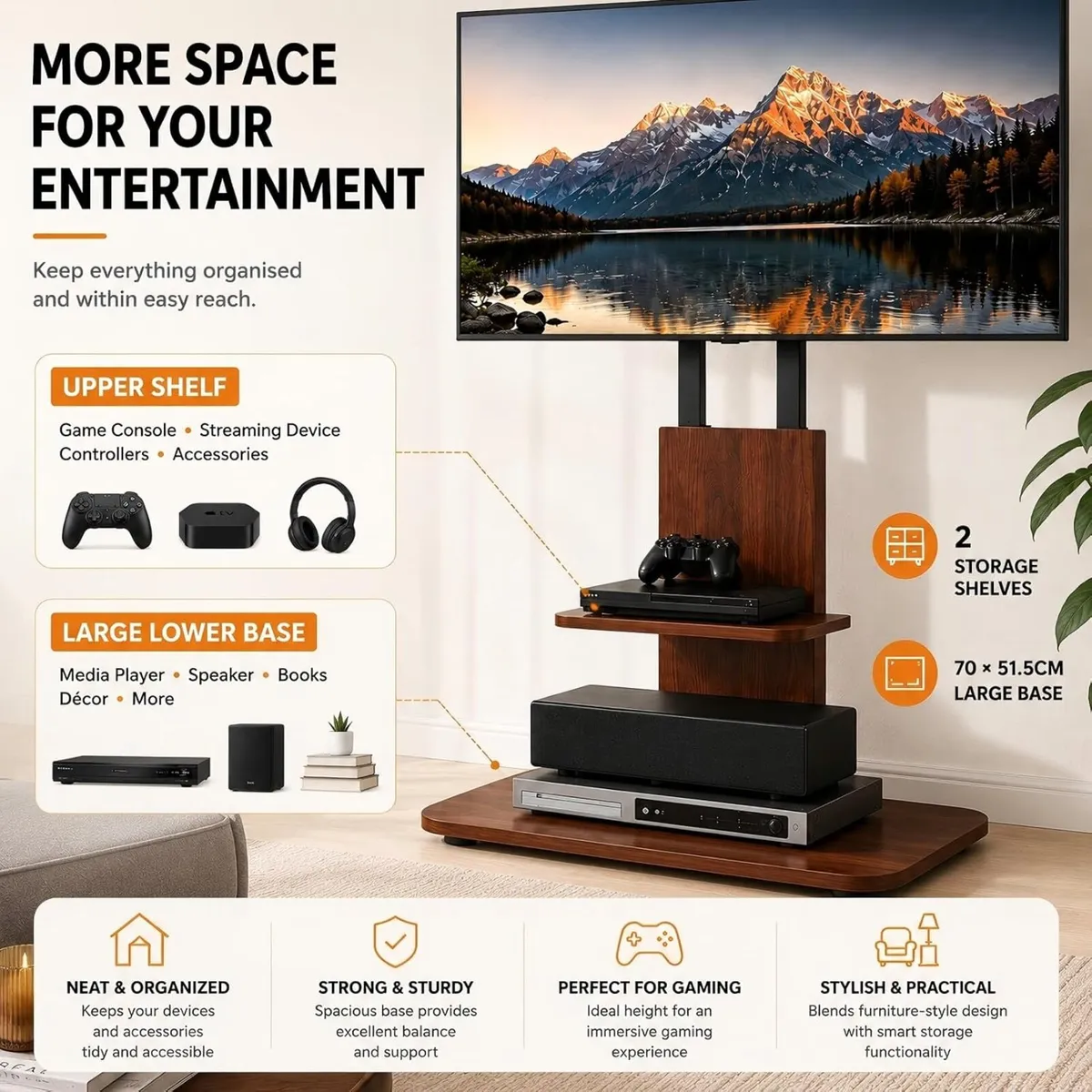 Wooden TV Stand with 2 Shelves for 32–65 - Image 4