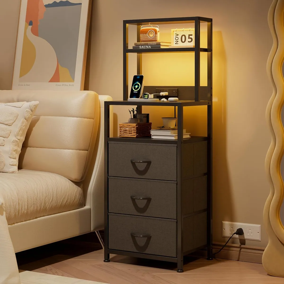 Bedside Table with Charging Station and LED - Image 2