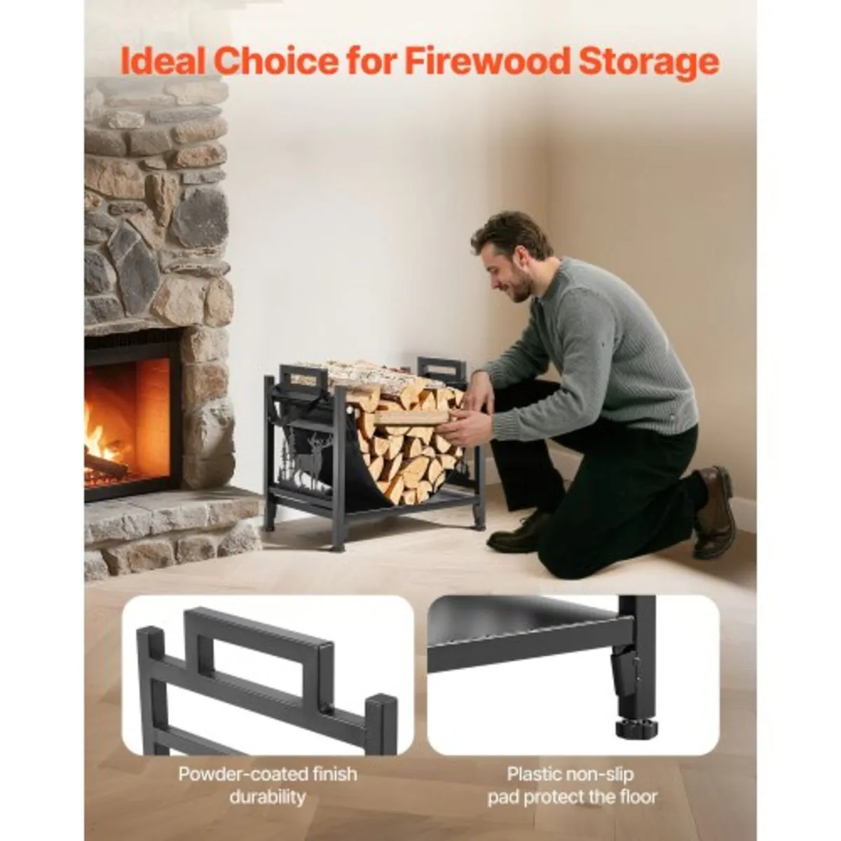 Indoor Firewood Rack, 45cm Curved Log Holder with - Image 2