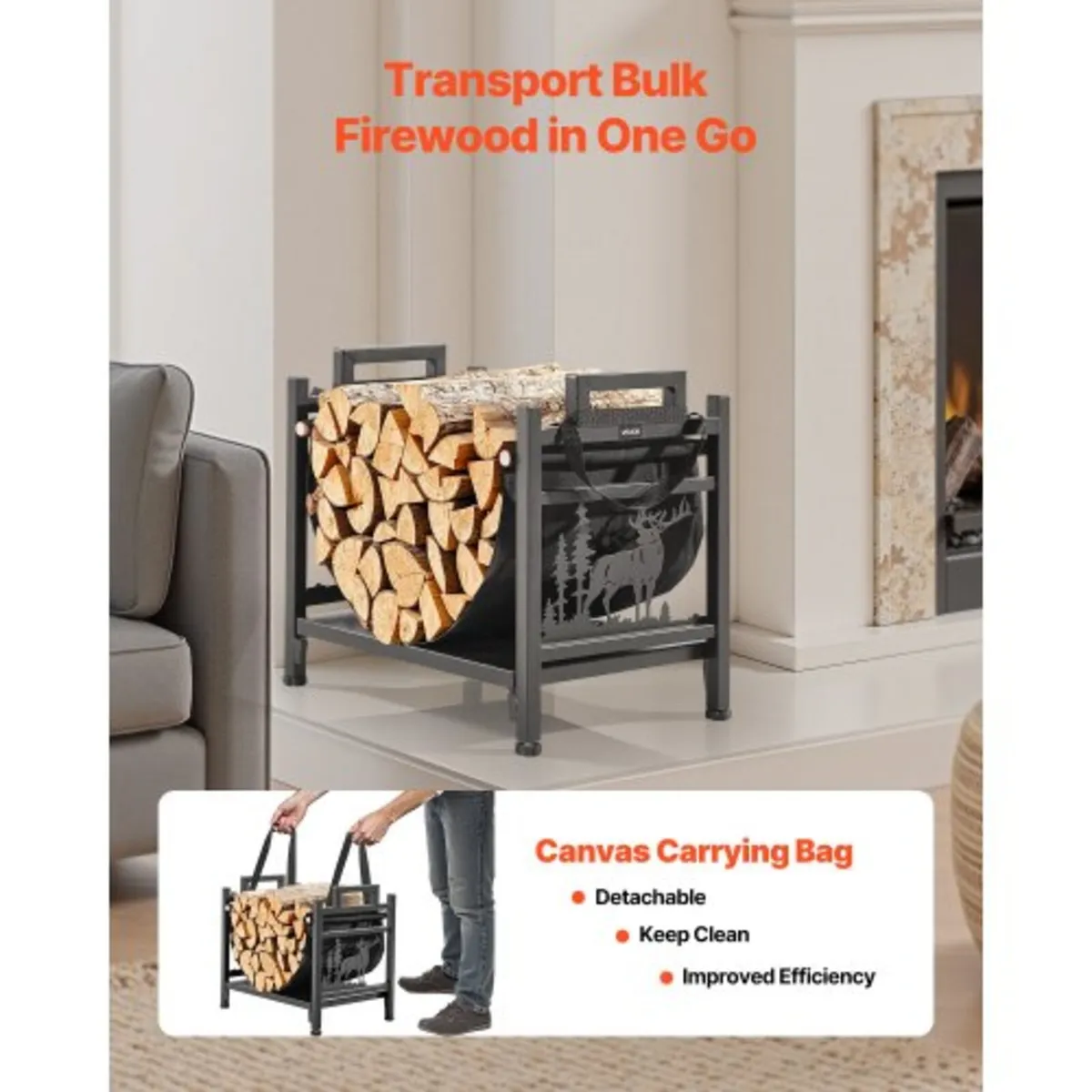 Indoor Firewood Rack, 45cm Curved Log Holder with - Image 3