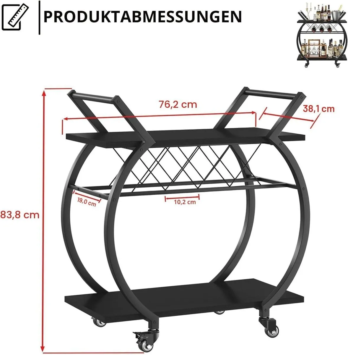 Wine Rack Serving Trolley – Wheeled Bar Cart - Image 2