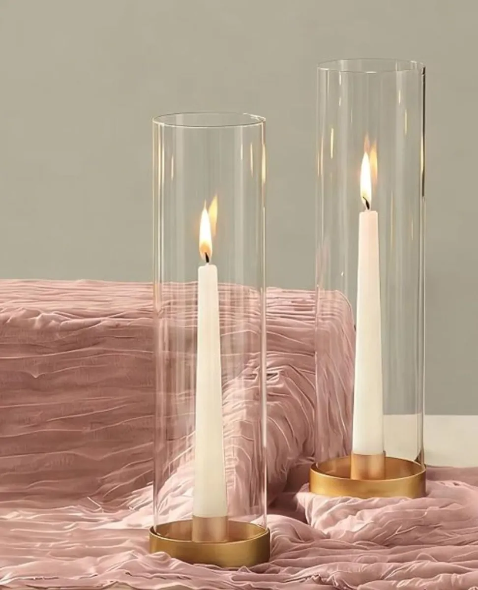Elegant Glass Hurricane Candle Holders with Gold B - Image 1