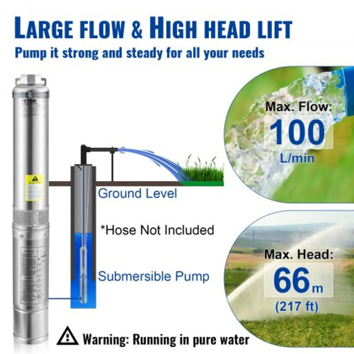 Deep Well Submersible Pump, 750W 230V/50Hz, 100L/m - Image 2