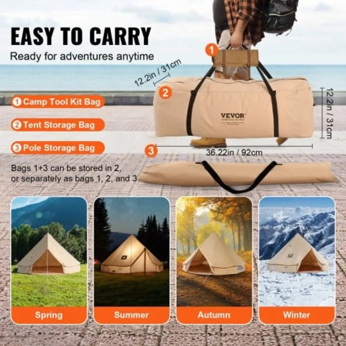 Canvas Bell Tent, 4 Seasons 4 m/13.12 ft Yurt Tent - Image 3