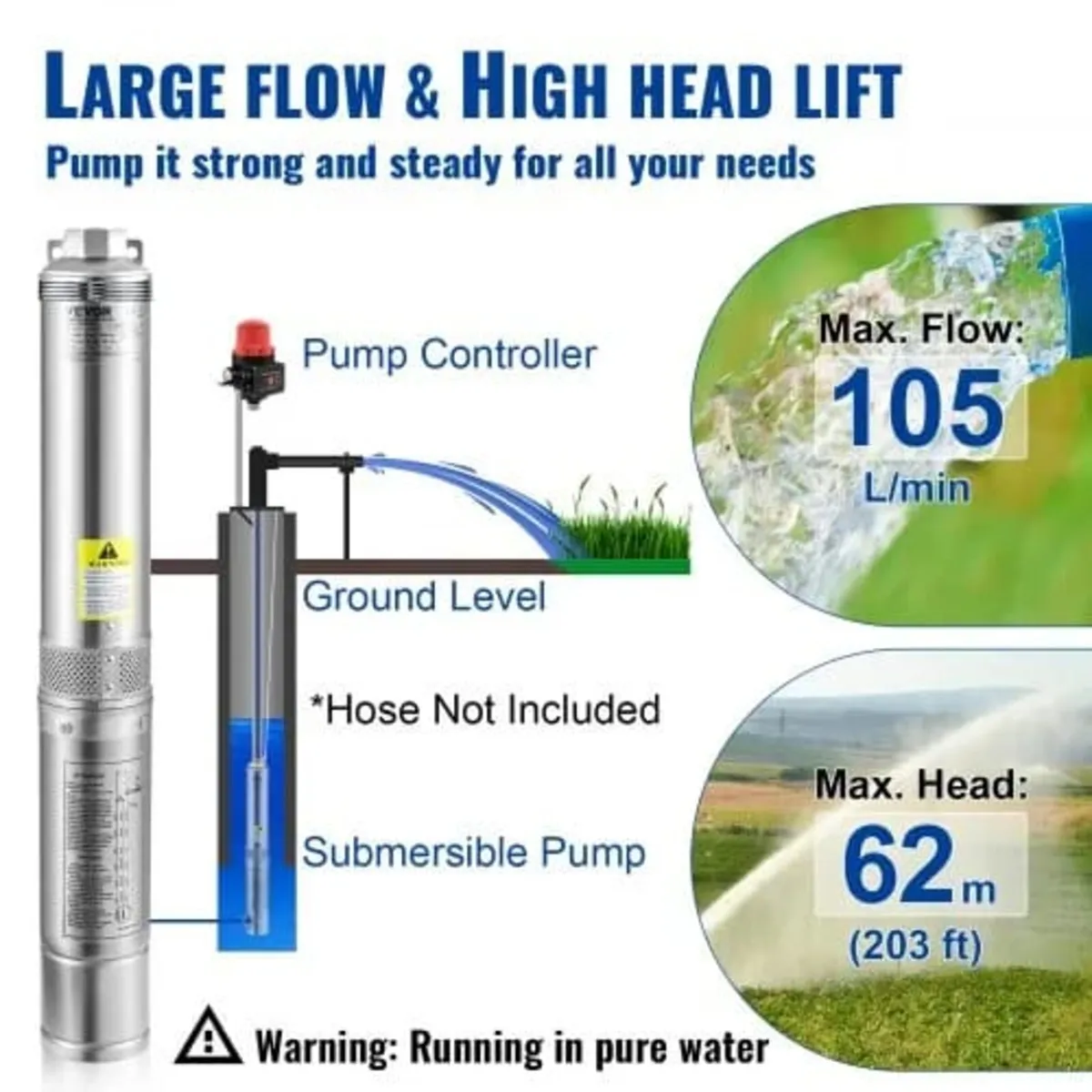 Deep Well Submersible Pump, 750W 230V/50Hz, 105L/m - Image 4
