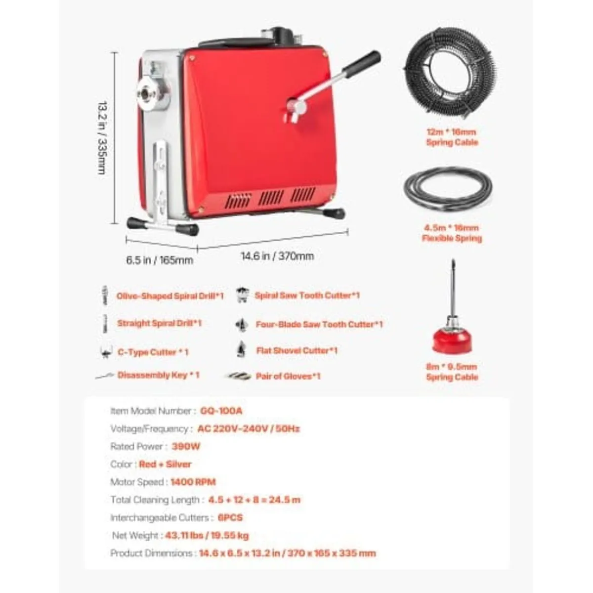 Drain Cleaner Machine, 390W 1400RPM Electric Pipe - Image 4