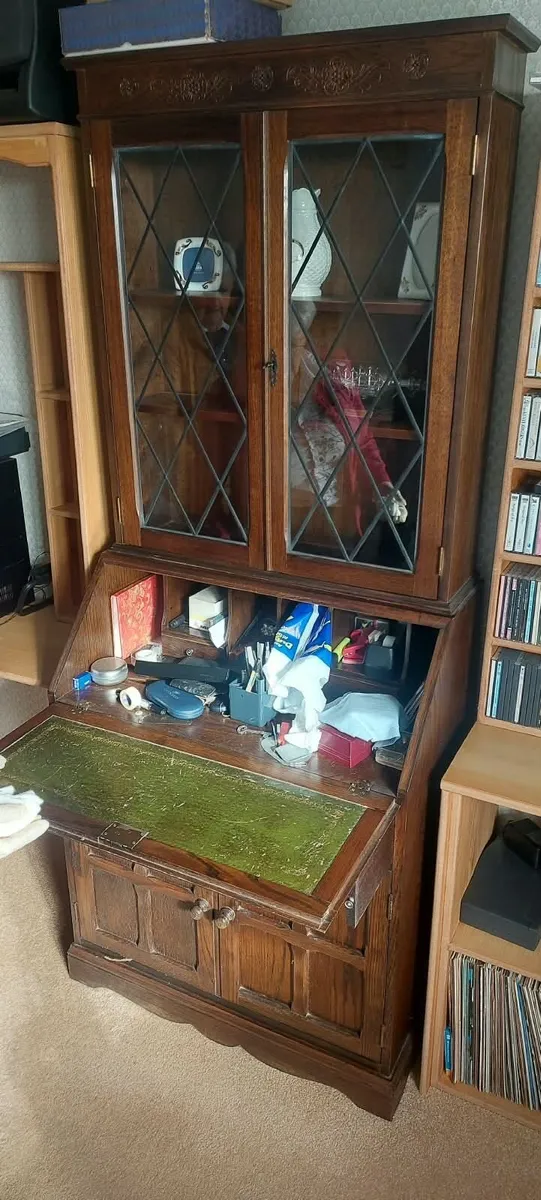 Vintage bureau bookcase - leaded glass doors