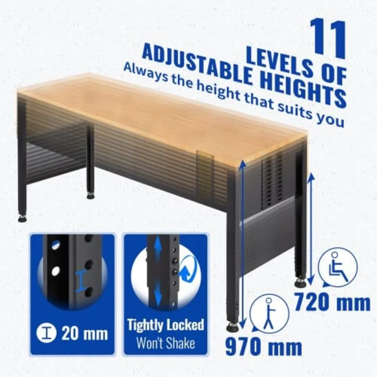 Workbench Adjustable Height, 135cm W X 46cm D X 97 - Image 2