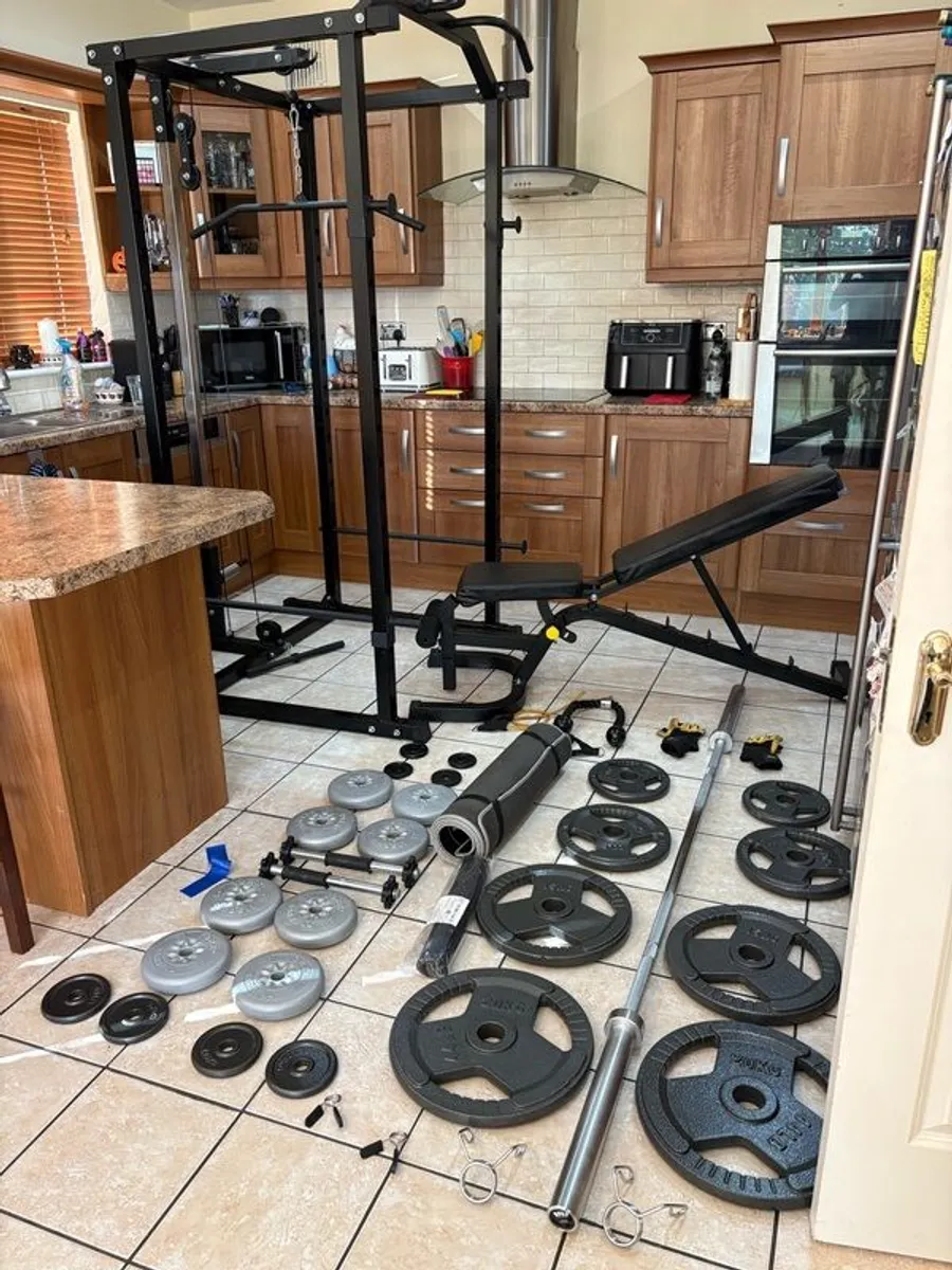 Beautiful Olympic Power Rack + Full Size Integrated Cable System, Olympic Weight, Dumbbells, Bench + - Image 1