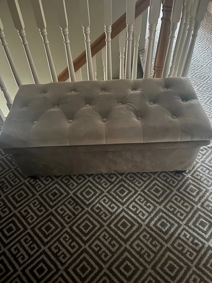 **Title: Grey Velvet Storage Ottoman Bench - Image 1
