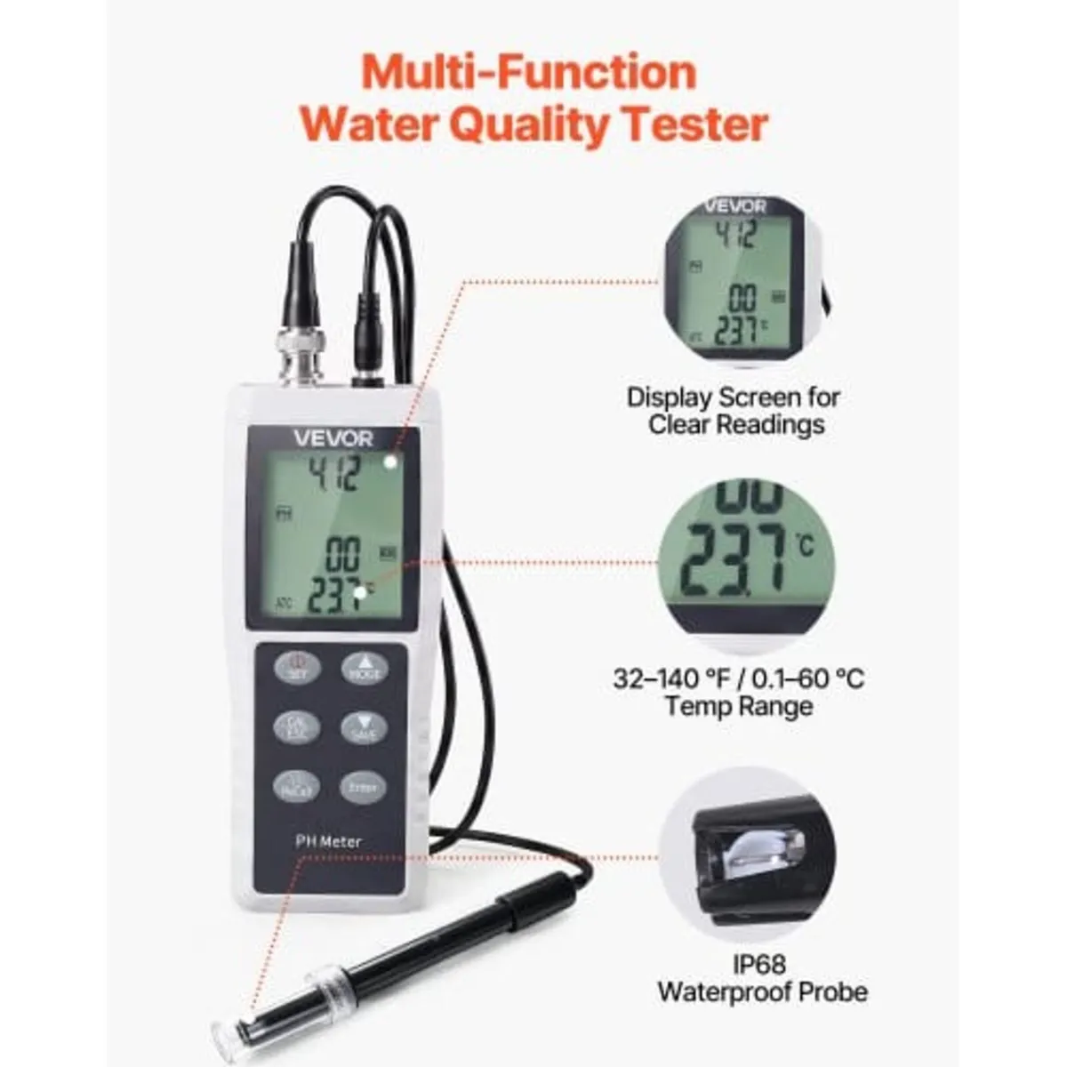 pH Meter, 0-14 pH Range, IP68 Waterproof Probe, 3- - Image 4
