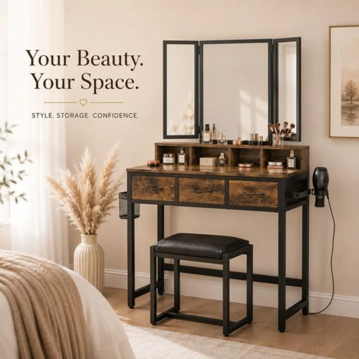Industrial Dressing Table with Folding Mirror and - Image 2