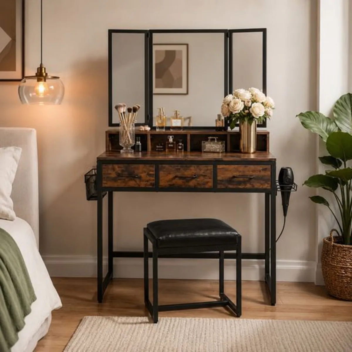 Industrial Dressing Table with Folding Mirror and - Image 1