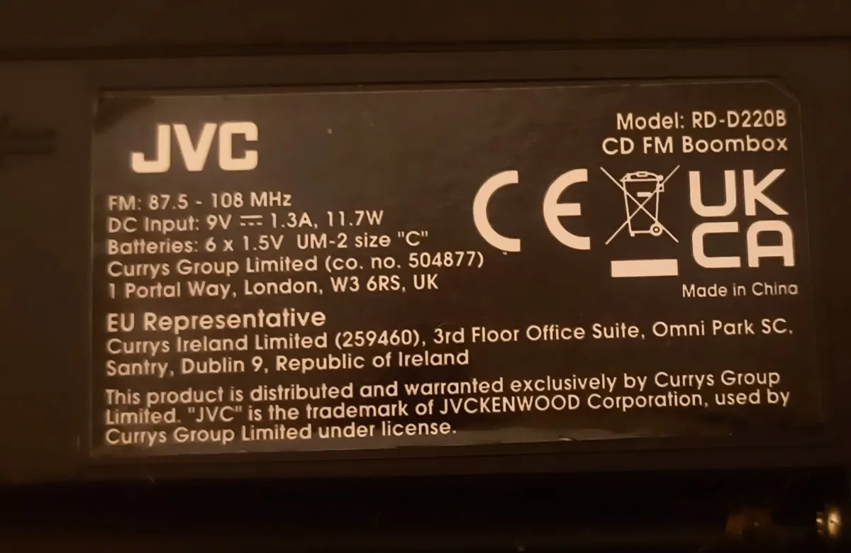 Compact CD FM boombox JVC RD-D220B. - Image 3