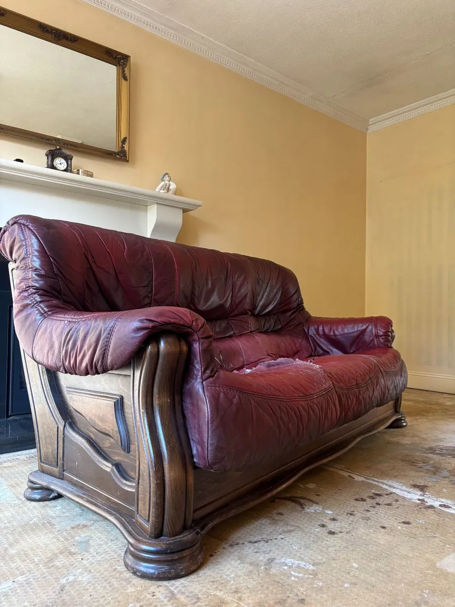 Solid Wood Leather 3 Piece Suite – Sofa & 2 Chairs - Image 1