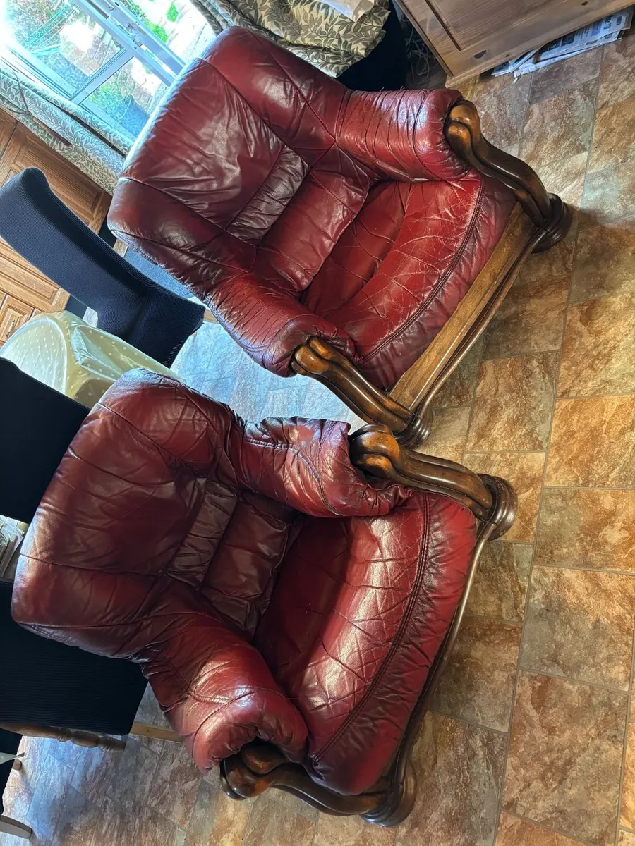 Solid Wood Leather 3 Piece Suite – Sofa & 2 Chairs - Image 2