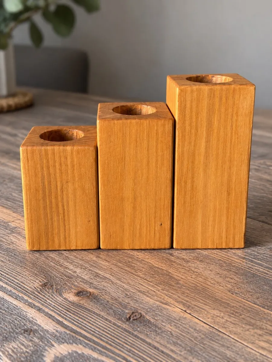 Handmade Rustic Wood Tea-light Candle Holder Set - Image 4