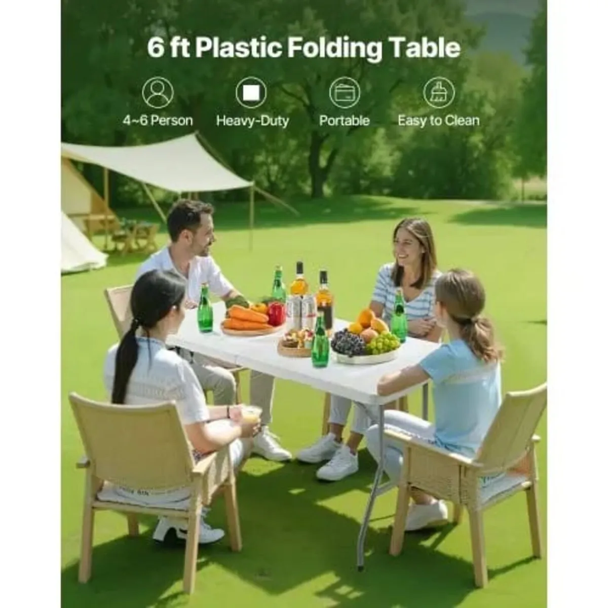 Folding Table, 6 Ft Heavy Duty Portable Fold-in-Ha - Image 2