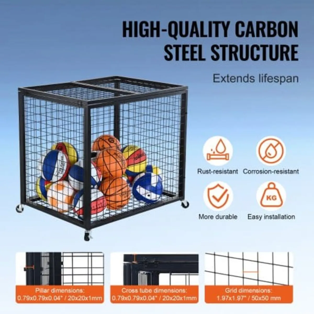Rolling Sports Ball Storage Cart, Basketball Cage - Image 2