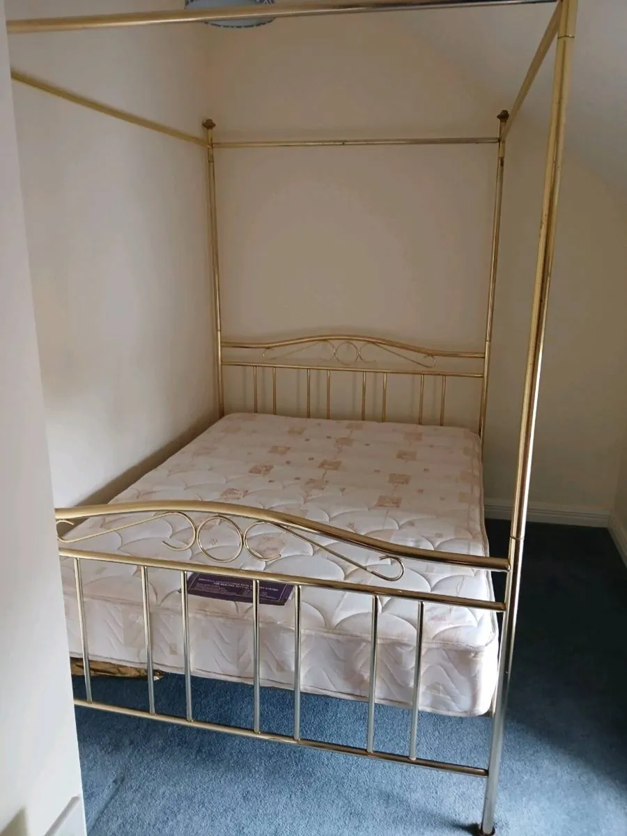 Brass Four Poster Double Bed with Mattress - Image 1