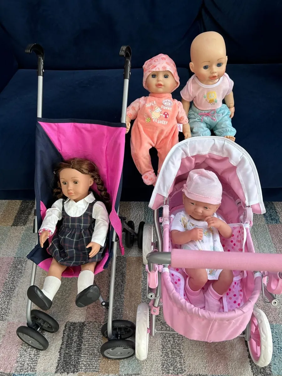 Two toy doll prams and 4 baby dolls - Image 2
