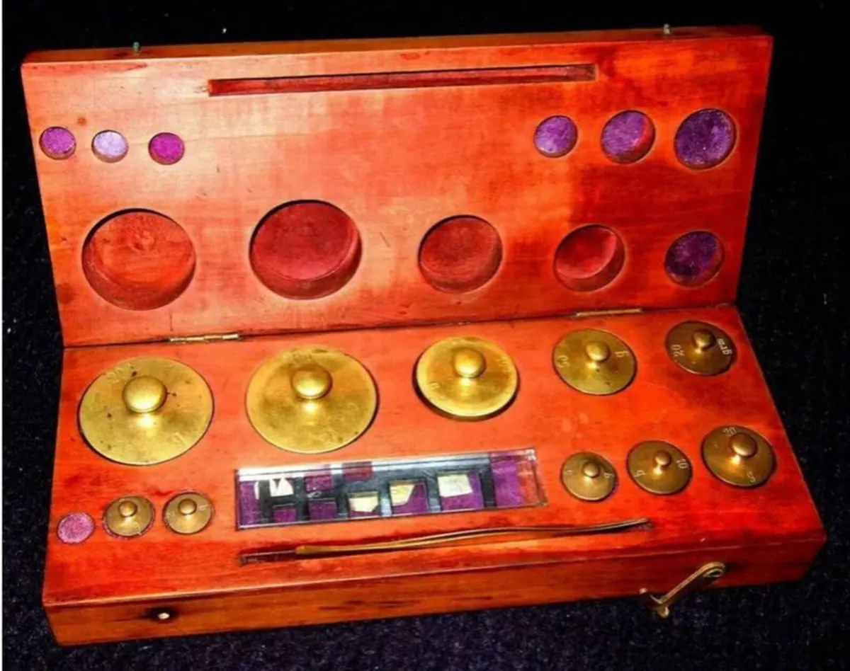 Vintage Brass Apothecary Weight Set in Fitted Wood - Image 1