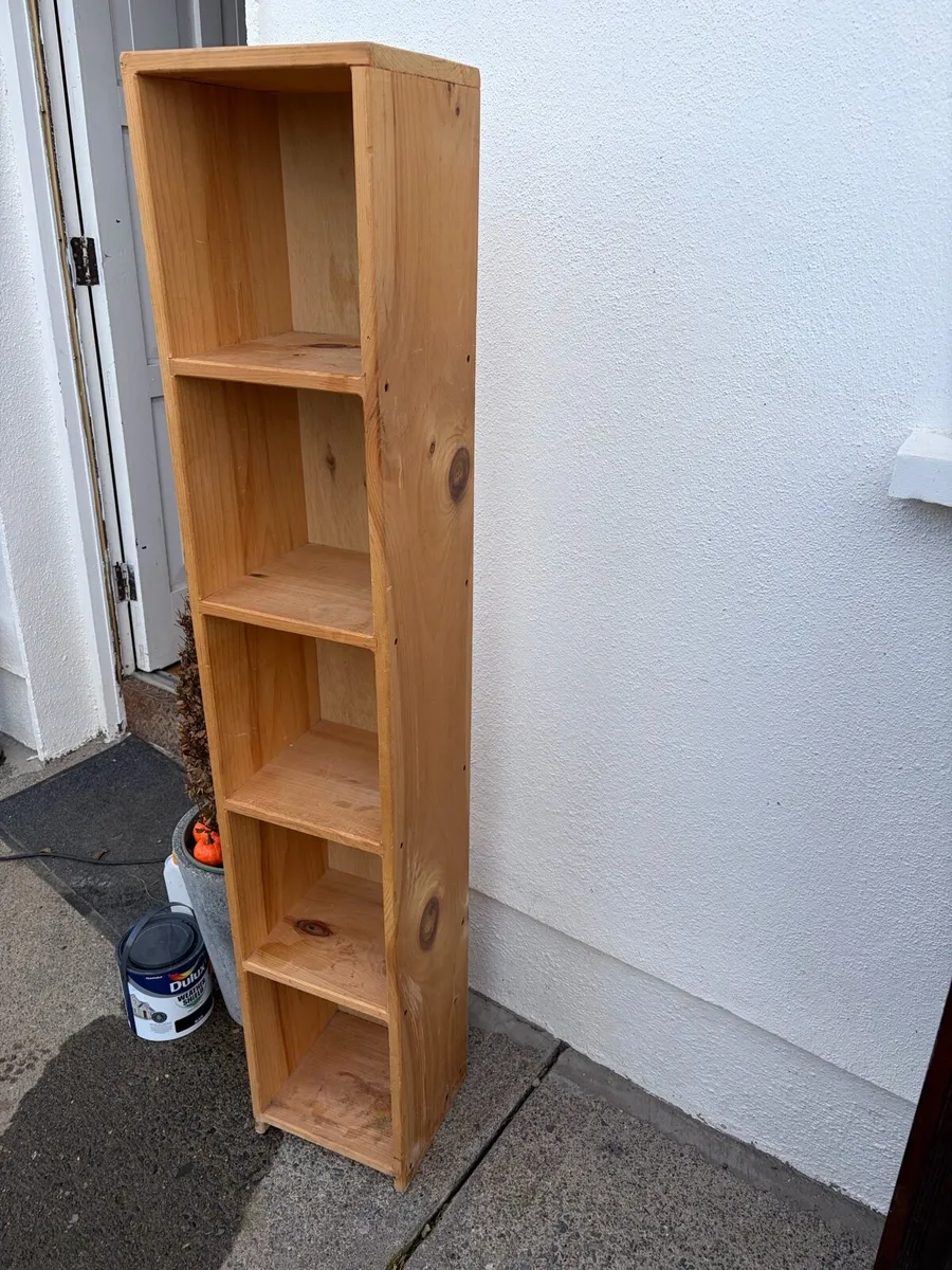 narrow wooden book shelf / storage unit - Image 4