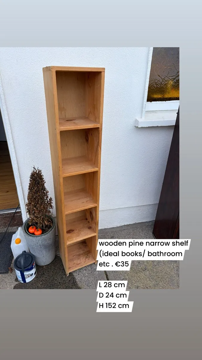 narrow wooden book shelf / storage unit - Image 1