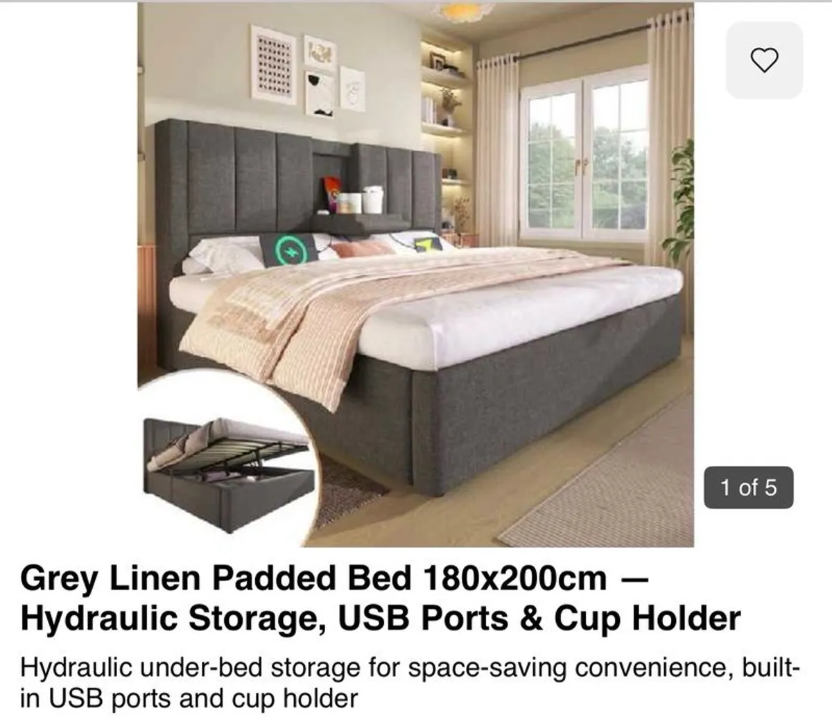 Grey Linen Super King Size Bed with storage,USB ports and cup holders - Image 1