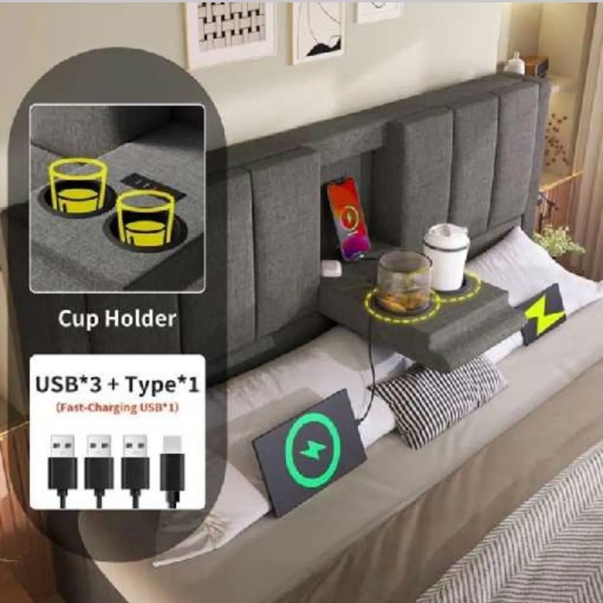 Grey Linen Super King Size Bed with storage,USB ports and cup holders - Image 2