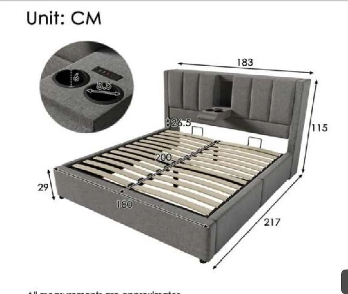 Grey Linen Super King Size Bed with storage,USB ports and cup holders - Image 4
