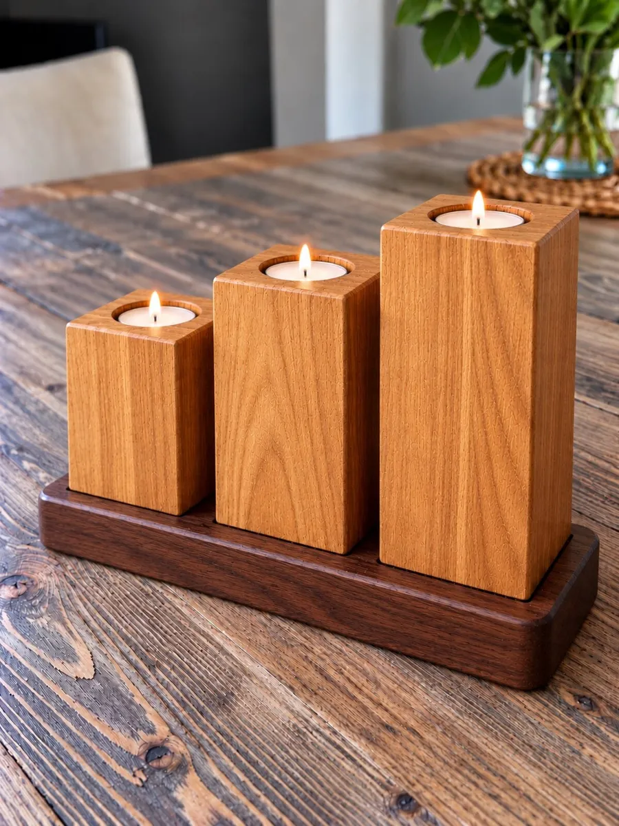 Handmade Rustic Wood Tea-light Candle Holder Set - Image 1