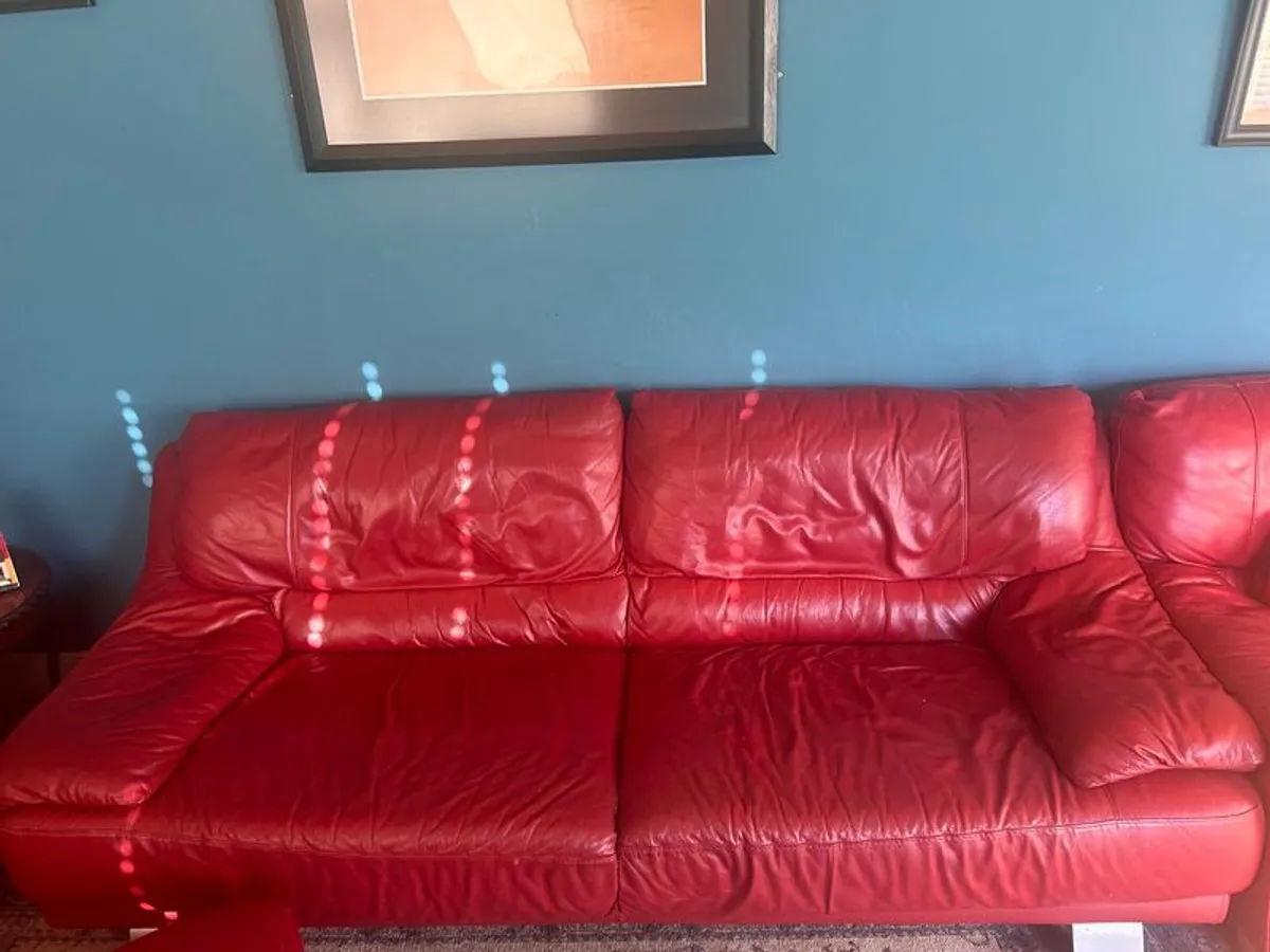 Red leather sofas x 2 plus ottoman - Image 2