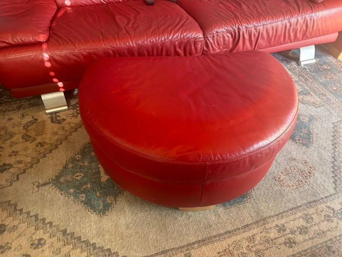 Red leather sofas x 2 plus ottoman - Image 3