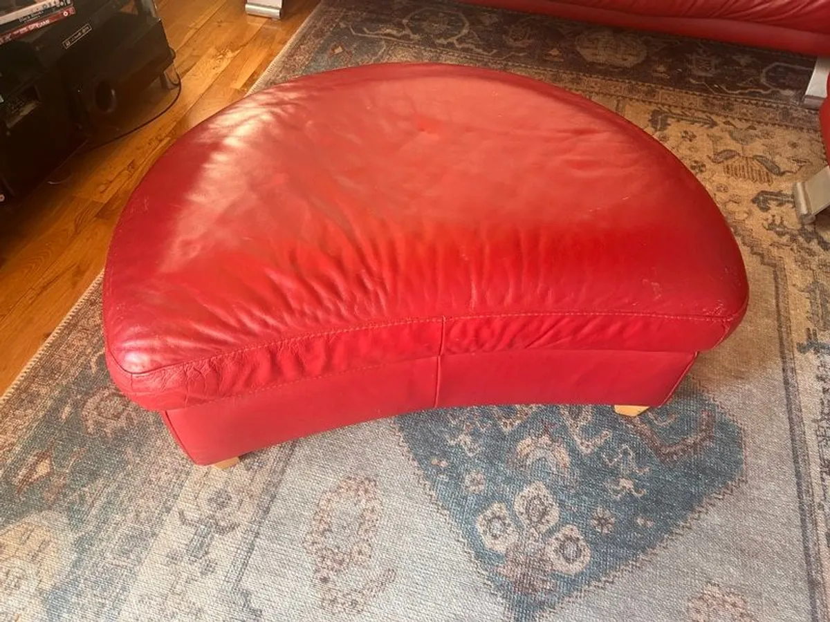 Red leather sofas x 2 plus ottoman - Image 4