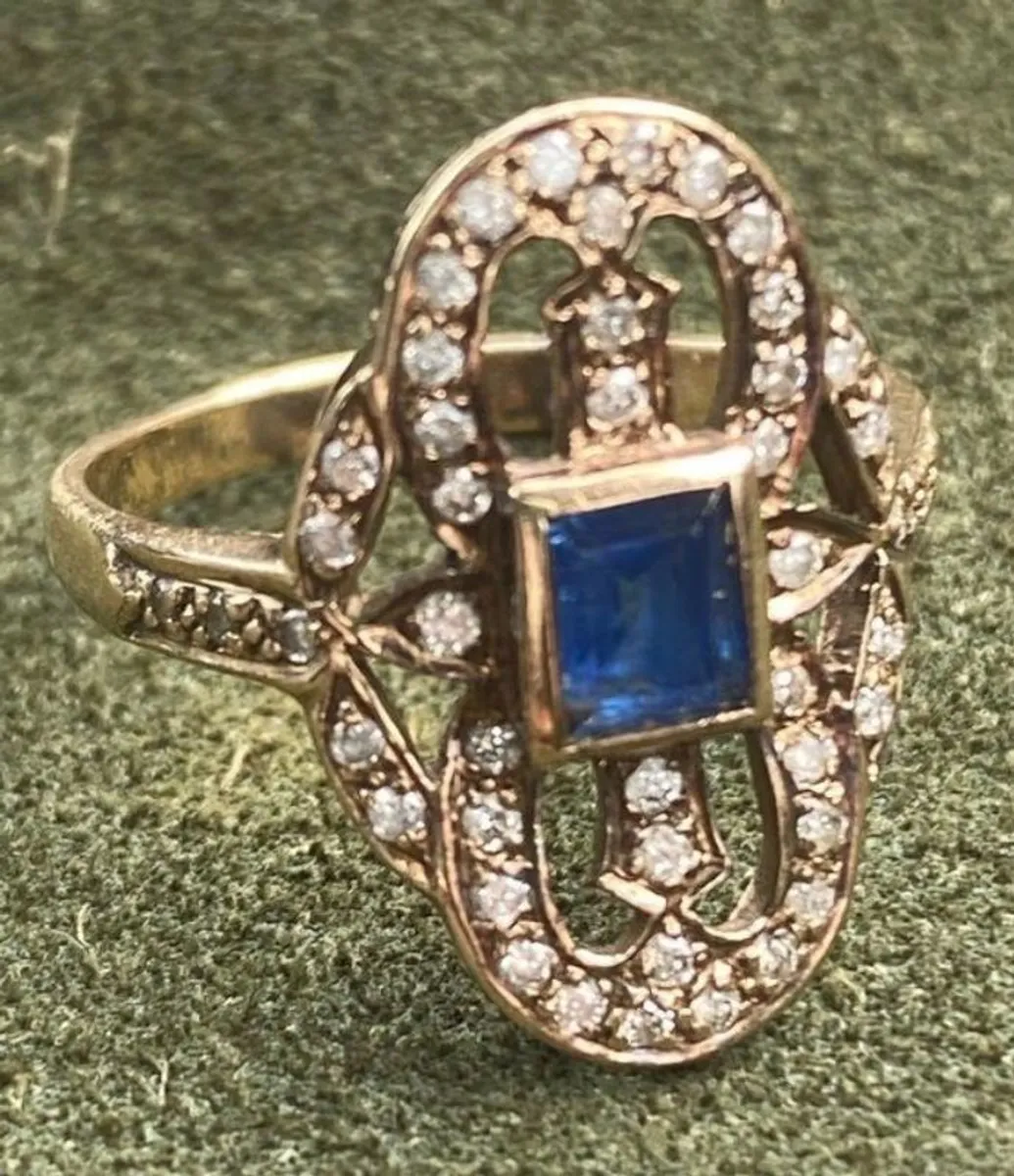 Gold Sapphire Diamonds Art Deco Ring - Image 2
